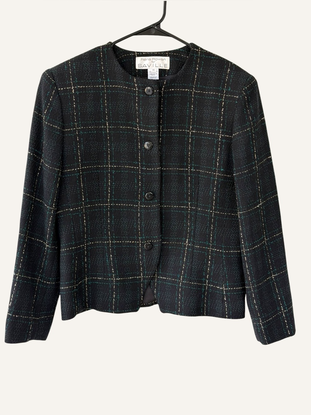 Rena Rowan for Saville - Vintage Plaid Collarless Button Down Wool Blazer SZ 10